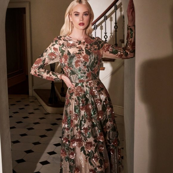 Long Sleeve Copper Sequin Gown - Picture 1 of 2
